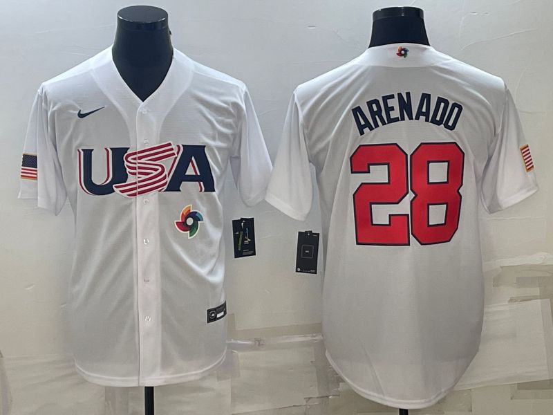 Men 2023 World Cub USA 28 Arenado White Nike MLB Jersey8